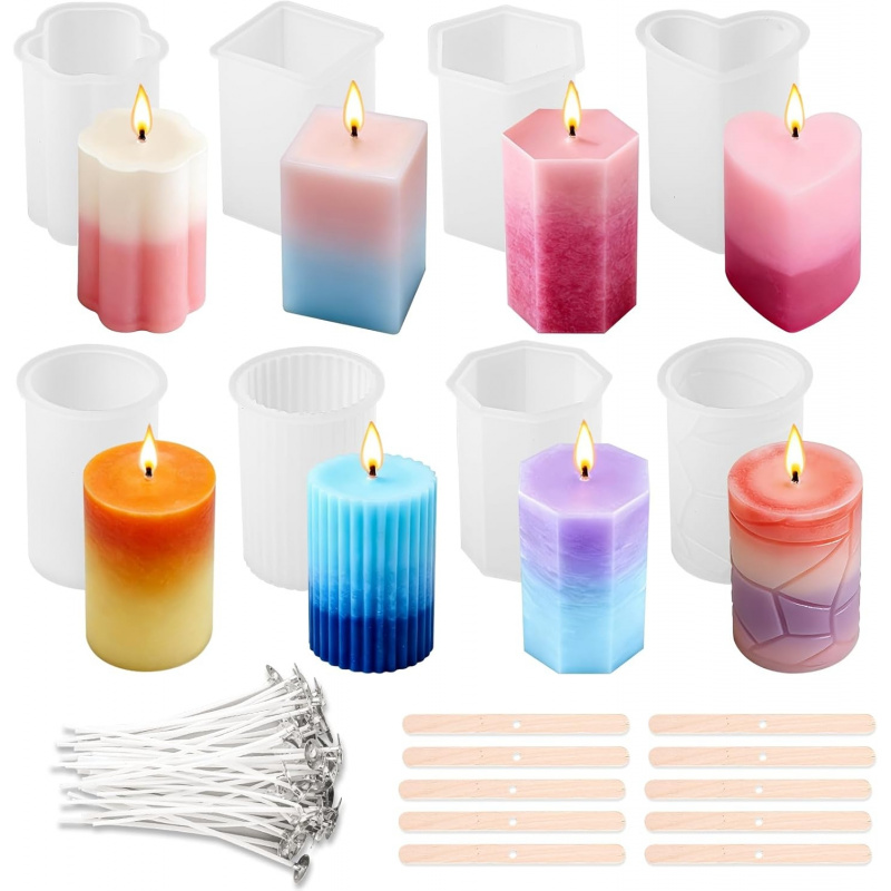 Candle Making Wicks - 8 Silicone Candle Mold Set，Include 50